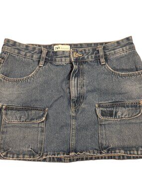 Zara Denim Mini Skirt Womens Size L Blue Cargo Pocket Y2K Jean Skirt